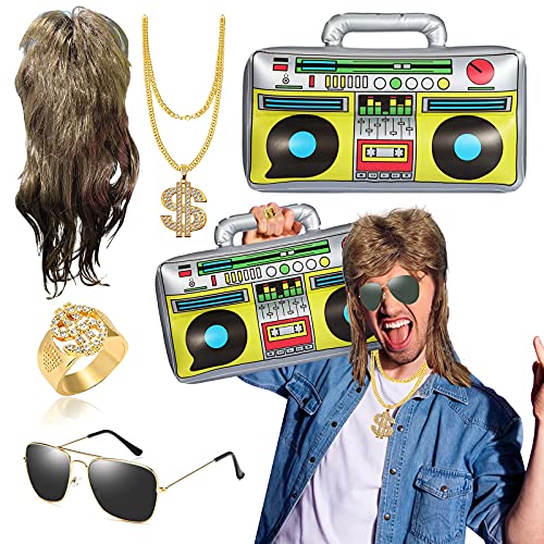 BIQIQI Fasching Karneval Kostüm 5 in 1 Vokuhila Set mit Vokuhila Perücke Aufblasbare Radio Boombox Sonnenbrille Goldkette Ring Gold Dollar 80er 90er Party Accessoires Rapper Zubehör Hip Hop Kostüm BIQIQI Fasching Karneval Kostüm 5 in 1 Vokuhila Set mit Vokuhila Perücke Aufblasbare Radio Boombox Sonnenbrille Goldkette Ring Gold Dollar 80er 90er Party Accessoires Rapper Zubehör Hip Hop Kostüm von BIQIQI