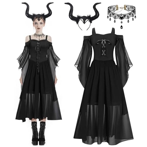 BIQIQI Halloween Gothic Kleid Kostüm Damen, Mittelalter Gothic Kleidung Damen, Trompetenärmel Schwarz Hexenkleid mit Dämonenhorn Spitze Kette, für Halloween Cosplay Karneval Kleid BIQIQI Halloween Gothic Kleid Kostüm Damen, Mittelalter Gothic Kleidung Damen, Trompetenärmel Schwarz Hexenkleid mit Dämonenhorn Spitze Kette, für Halloween Cosplay Karneval Kleid von BIQIQI
