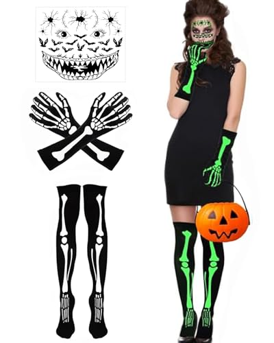 BIQIQI Halloween Skelett Kostüm mit Leuchtende Handschuhe, SockenGruselig und Tattoo Gesicht, Im Dunkeln Leuchtendes Kostüm für Erwachsene Kinder von BIQIQI