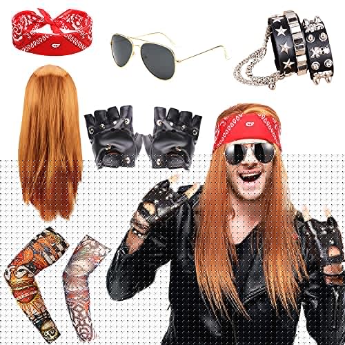 Rocker Outfit herren, 6pcs Herren Kostüm Rock Star 70er 80er 90er Jahre, Herren Rockstar Kostüm mit Armband Kopftuch Sonnenbrille Handschuhe Geblümte Arme Disco Rockstar Perücke für Männer Frauen Rocker Outfit herren, 6pcs Herren Kostüm Rock Star 70er 80er 90er Jahre, Herren Rockstar Kostüm mit Armband Kopftuch Sonnenbrille Handschuhe Geblümte Arme Disco Rockstar Perücke für Männer Frauen von BIQIQI