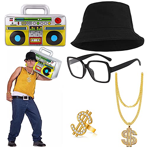 BIQIQI Hip Hop Kostüm Kit Herren 80er 90er Rapper Outfits für Erwachsene Zubehör Geburtstag Gefälligkeiten Eimer Hut Dollar Zeichen Goldene Ring Halskette Aufblasbarer Boombox BIQIQI Hip Hop Kostüm Kit Herren 80er 90er Rapper Outfits für Erwachsene Zubehör Geburtstag Gefälligkeiten Eimer Hut Dollar Zeichen Goldene Ring Halskette Aufblasbarer Boombox von BIQIQI