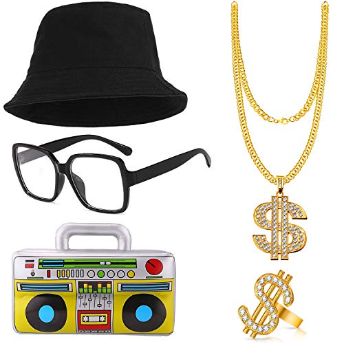 BIQIQI Hip Hop Kostüm Kit Herren 80er 90er Rapper für Zubehör Geburtstag Gefälligkeiten, Eimer-Hut-Golddollar-Zeichen-Kettenring-Halskette Aufblasbarer Boom-Kasten Adult 80er Party Theme Dekor von BIQIQI