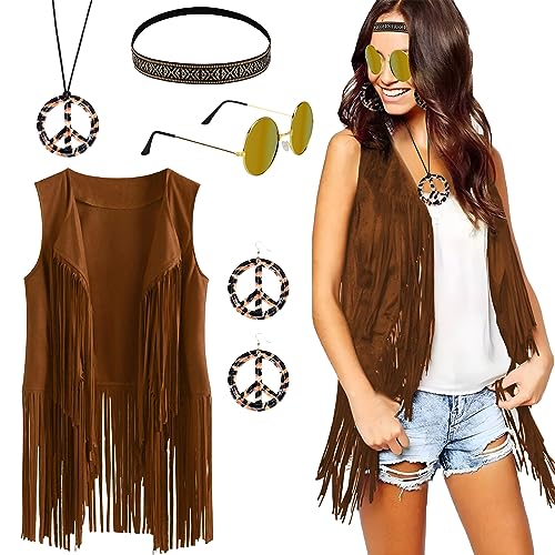 BIQIQI Hippie Kleidung Damen 70er Jahre Bekleidung Damen Fransenweste, Sonnenbrille, Stirnband, Ohrringe, Halskette Disco Outfit für Karneval, FaschingsKostüm, Hallowee (XXL) von BIQIQI