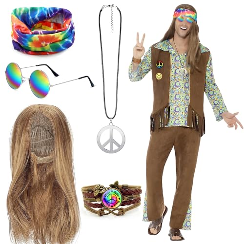 BIQIQI Hippie Perücke Kostüm Set Hippie Accessoires Friedenszeichen Halskette und Ohrringe Armband Hippie Stirnband Sonnenbrille Halloween Hippie Dress Up für 60er 70er Jahre Themenparty von BIQIQI