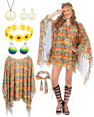 BIQIQI Hippie Kostüm Damen Set, 60er 70er Jahre-Hippie-Kleidung Dame mit Hippie Poncho Outfit und Zubehör Halskette Ohrringe Sonnenbrille Boho Hippie Kostüm für Damen Karneval Disco Faschingskostüme von BIQIQI