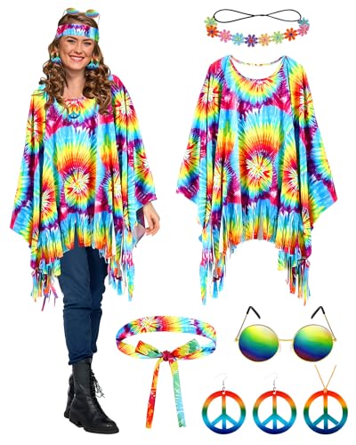 BIQIQI Hippie kostüm Damen, 60er 70er Jahre-Outfits für Frauen Hippie Kleidung Damen Accessoires Hippie-Poncho Disco Outfit Kostüm Damen Mädchen Batik-Poncho-Kostüm für Karneval Party Cosplay von BIQIQI
