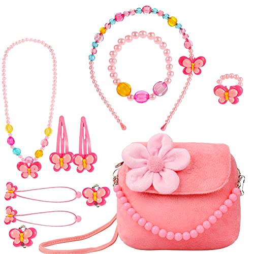 BIQIQI Kinderschmuck Kleine Mädchen Süße Plüsch Handtasche Geldbörsen mit Halskette Armband Ring und Ohrring Schmuckset Mein Erster Geldbeutel für Kleine Mädchen Modeschmuck Anzieh und Rollenspiel von BIQIQI