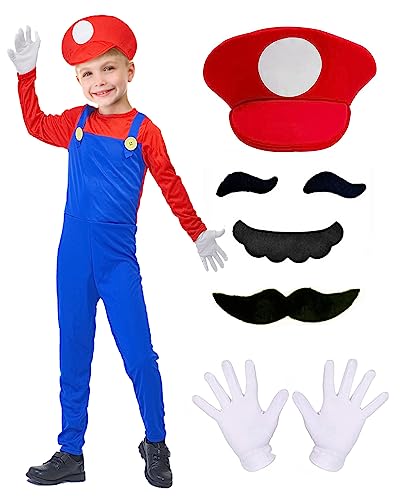 BIQIQI Mario Kostüm Luigi Kostüm, Mario Bros Kostüm Cosplay Outfit Mit Hut Bart Handschuhen Mario Kinder Outfit Für Halloween Karneval, Unisex Kinder Kostüm von BIQIQI