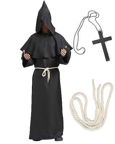 BIQIQI Mönch Robe Priester Kostüm Mönchskostüm Mittelalter Renaissance Hooded Mönch Kostüm Halloween Zauberer Kostüm mit Mantel Taillenseil und Kreuz Halskette für Erwachsene von BIQIQI