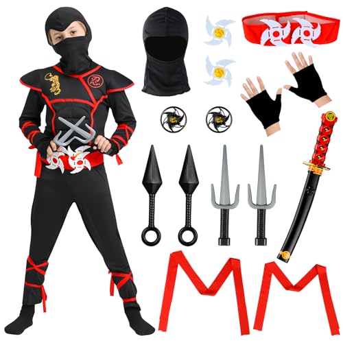 BIQIQI Ninja Kostüm Kinder, 13Pcs Kinderkostüm Ninja Set, Karneval Kostüm Kinder, Ninja Muskel Kostüm mit Ninja Schaumstoff Zubehör, Jungen und Mädchen Ninja Rollenspiel (XL) von BIQIQI