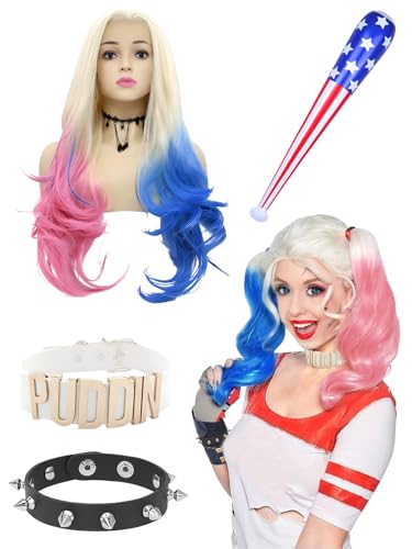 BIQIQI Quinn Kostüm Cosplay Perücke, Quinn Perücke mit Choker Puddin de Quinn Halskette Armband Aufblasbarer Stick Suicide Squad Zubehör Perücke für Damen Mädchen Halloween Karneval Cosplay von BIQIQI