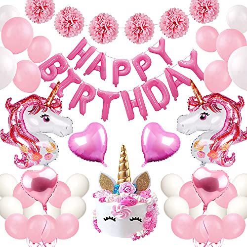 Einhorn Party Dekorationen,Geburtstags dekorationen Rosa Mädchen mit riesigem Einhorn Folien Ballon Rosa Weiß Latex,Papier Pom,Happy Birthday Banner für Mädchen Geburtstags Dekorationen von BIQIQI