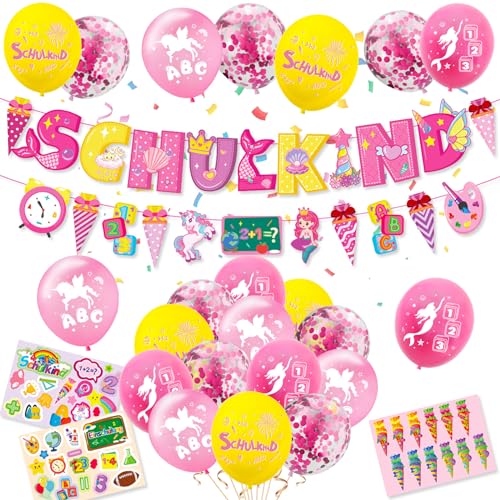 Einschulung Deko Mädchen, Schuleinführung Schulanfang Deko Set, Rosa Schulkind Luftballon mit Einhorn Meerjungfrau ABC 123 Muster, SCHULKIND Banner, Zuckertüte Girlande und Aufkleber Einschulung Einschulung Deko Mädchen, Schuleinführung Schulanfang Deko Set, Rosa Schulkind Luftballon mit Einhorn Meerjungfrau ABC 123 Muster, SCHULKIND Banner, Zuckertüte Girlande und Aufkleber Einschulung von BIQIQI
