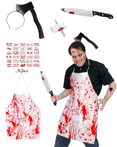 Metzger Kostüm Halloween, 5 Stück Halloween Horror Accessoires für Damen/Herren Verkleidung Cosplay Party, Schlächter Kostüm mit Blutige Schürze, Narben Tattoos, Messer im Kopf von BIQIQI