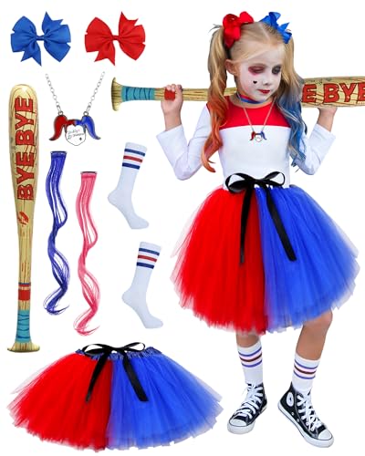 Quinn Kostüm Kinder, Harley Quinn Cosplay Kostüm Tüllrock mit Haarschleife Aufblasbarer Baseballschläger Haare Bundle Socken Clownkostüm for Mädchen Halloween Karneval Fasching Cosplay von BIQIQI
