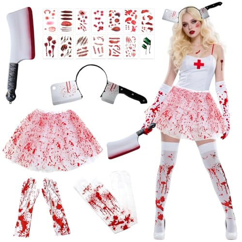 Zombie Krankenschwester Kostüm Damen, 6 Teiliges Horror Krankenschwester Kostüm mit Blutige Tutu-Röcken, Halloween Machete, Blutige Handschuhe und Strumpf, für Halloween Party Cosplay Zombie Krankenschwester Kostüm Damen, 6 Teiliges Horror Krankenschwester Kostüm mit Blutige Tutu-Röcken, Halloween Machete, Blutige Handschuhe und Strumpf, für Halloween Party Cosplay von BIQIQI
