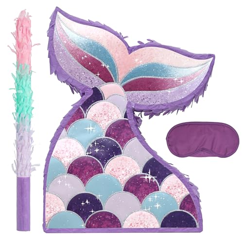 BIRCHIO Meerjungfrauen Pinata Set mit Augenbinde und Fledermaus (42 x 32 x 10 cm), Pinjata für Kinder, perfekt für Geburtstag und Dekoration von BIRCHIO