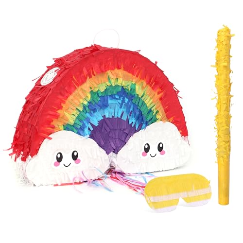 BIRCIHO Regenbogen Pinata Bundle mit einer Augenbinde und Fledermaus (43 x31 x9cm), pinata geburtstag mädchen, perfekt für Geburtstagsparty Einhorn Thema Party, Dekoration… von BIRCHIO