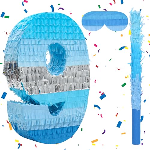 Birchio Pinata-Set mit Zahl 9 mit Augenbinde und Fledermaus (41 x 29 x 10 cm), perfekt für Geburtstagspartys, Bausteine, Themen-Geburtstag, Dekoration von BIRCHIO