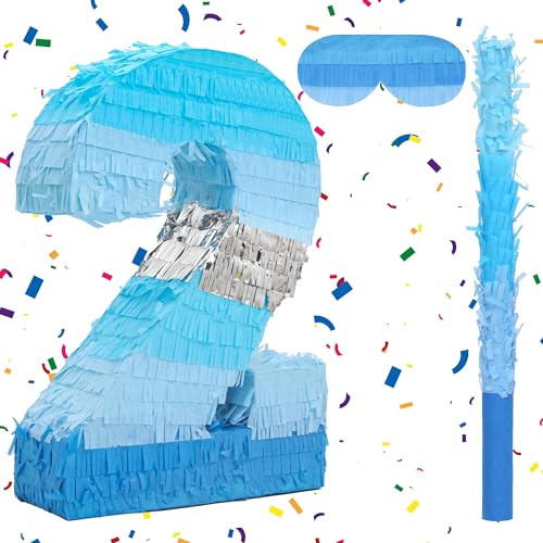 Birchio Piñata-Set mit der Zahl 2 mit Augenbinde und Schläger (41 x 29 x 10 cm), perfekt für Geburtstagspartys, Bausteine, Geburtstag, Dekoration von BIRCHIO