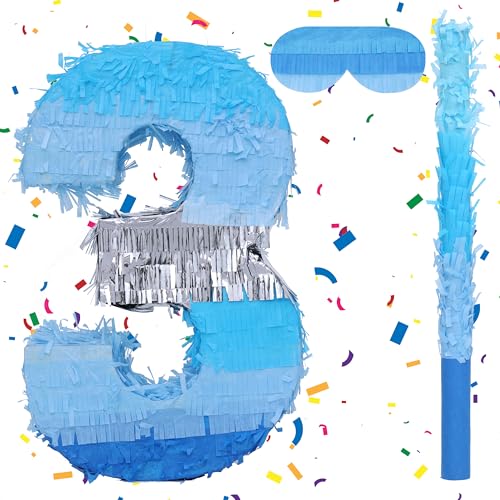 Birchio Pinata-Set mit der Zahl 3 mit Augenbinde und Schläger (41 x 27 x 10 cm), perfekt für Geburtstagspartys, Bausteine, Geburtstag, Dekoration von BIRCHIO