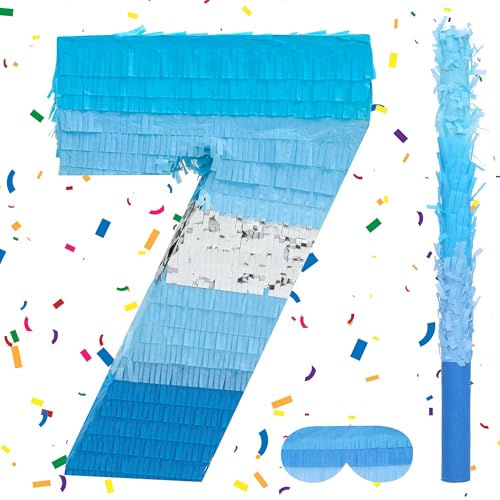 Birchio Pinata-Set mit der Zahl 7 mit Augenbinde und Fledermaus (41,2 x 29,9 x 10,2 cm), perfekt für Geburtstagsparty-Zubehör, Bausteine, Themen-Geburtstag, Dekoration von BIRCHIO