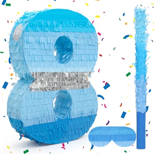 Birchio Pinata-Set mit der Zahl 8 mit Augenbinde und Fledermaus (41,6 x 29,6 x 10,2 cm), perfekt für Geburtstagsparty-Zubehör, Bausteine, Themen-Geburtstag, Dekoration von BIRCHIO