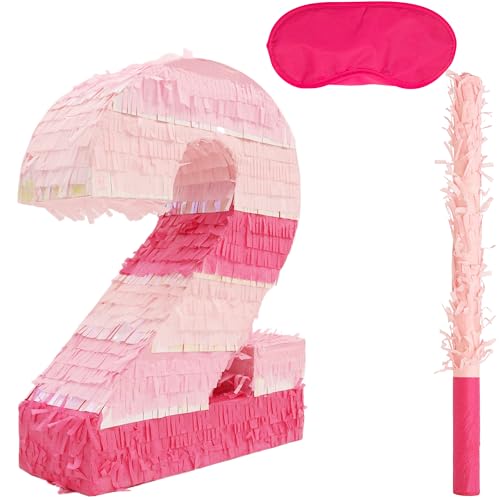 Birchio Pinke Nummer 2 Pinatas mit Augenbinde und Fledermaus (41,2 x 29,1 x 10,2 cm), perfekt für Jungen und Mädchen, Geburtstagsparty-Zubehör, rosa Themen-Geburtstagsdekoration von BIRCHIO