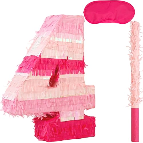 Birchio Pinke Pinatas mit der Zahl 4 mit Augenbinde und Fledermaus (41,6 x 29,6 x 10,2 cm), perfekt für Jungen und Mädchen, Geburtstagsparty-Zubehör, rosa Themen-Geburtstagsdekoration von BIRCHIO