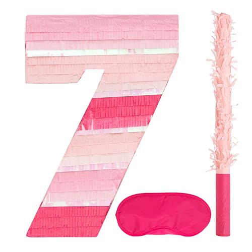 Birchio Pinks Pinatas-Set mit Augenbinde und Fledermaus (40,6 x 27,9 x 10,2 cm), perfekt für Jungen und Mädchen, Geburtstagsparty-Zubehör, rosa Themen-Geburtstagsdekoration (rosa Zahl 7) von BIRCHIO