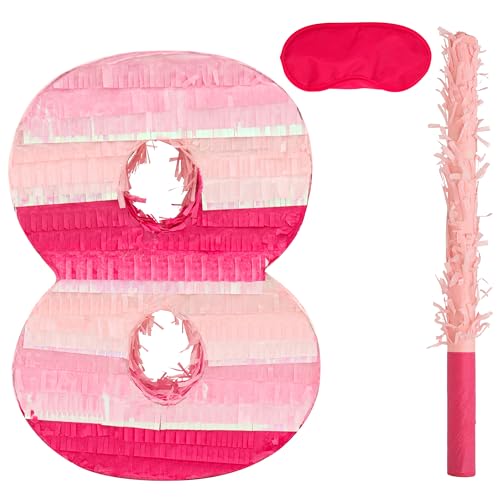 Birchio Pinks Pinatas-Set mit Augenbinde und Fledermaus (40,6 x 27,9 x 10,2 cm), perfekt für Jungen und Mädchen, Geburtstagsparty-Zubehör, rosa Themen-Geburtstagsdekoration (rosa Zahl 8) von BIRCHIO