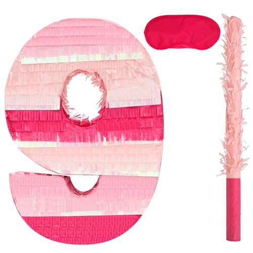 Birchio Pinks Pinatas-Set mit Augenbinde und Fledermaus (40,6 x 27,9 x 10,2 cm), perfekt für Jungen und Mädchen, Geburtstagsparty-Zubehör, rosa Themen-Geburtstagsdekoration (rosa Zahl 9) von BIRCHIO