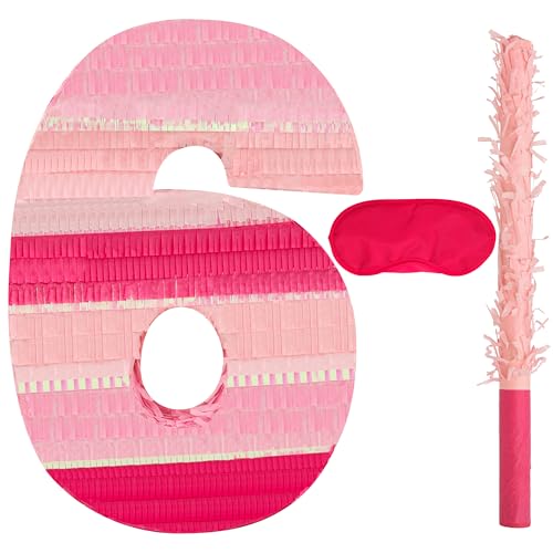 Birchio Pinks Pinatas-Set mit Augenbinde und Fledermaus (41,2 x 27,9 x 10,2 cm), perfekt für Jungen und Mädchen, Geburtstagsparty-Zubehör, rosa Themen-Geburtstagsdekoration (rosa Zahl 6) von BIRCHIO