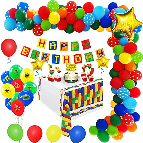 Bausteine Geburtstagsdeko Jungen, Kindergeburtstag Party Deko Happy Birthday Banner Luftballons Dekoration Set mit Kuchenaufsätze und Tischdecke für Mädchen Mehrweg von BIRLON