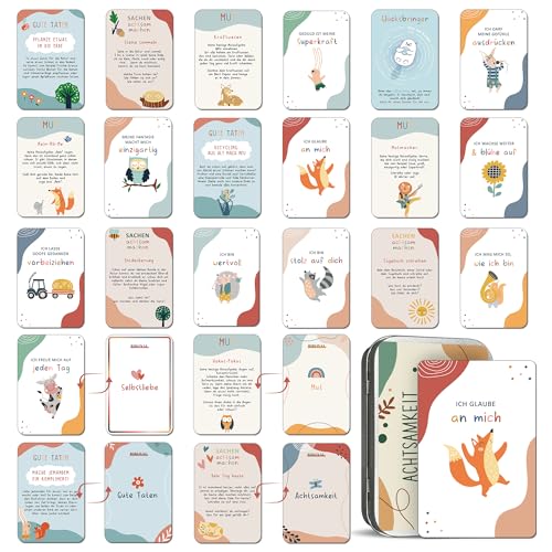 BIROYAL 40 Affirmationskarten für Kinder, Achtsamkeitskarten Kinder inkl. Metallbox, Motivationskarten für Gefühle, Selbstliebe, Mut und Dankbarkeit, Geschenke zur Einschulung für Jungen und Mädchen von BIROYAL