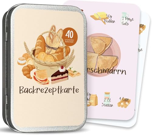 BIROYAL Backkarten mit 40 Karten in 5 Kategorien：Backen Geschenk mit Metalldose，Rezeptkarten mit Abbildungen und Erklärungen，Kartenspiel statt Backbuch, Backzubehör für Anfänger von BIROYAL