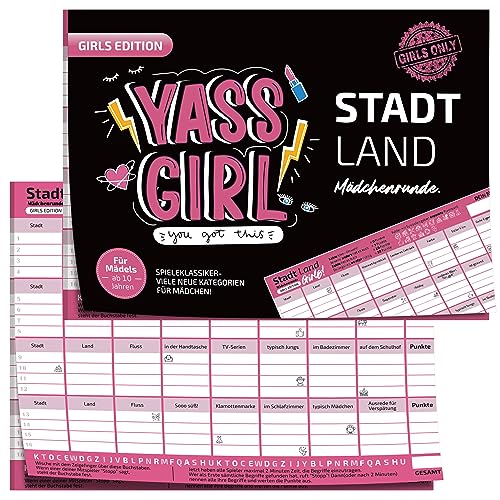 BIROYAL Stadt Land Girls | YASS Girl! | DIN A4 Stadt Land Fluss Teenie Edition ab 9 Jahren | Geschenk für Teenager Mädels | Quiz Spiel zum Mädelsabend 50 Blätter von BIROYAL