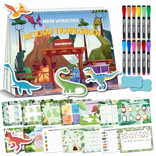 Montessori Spielzeug ab 3 Jahr | 25 Seiten DINOSAURIER Busy Board | 21x28,5cm Kinder Quiet Book mit 101 Karten, 12 Markers&A4-Ordner | Motorikspielzeug, Activity Board,Lernspiele,Reisespiele Kinder von BIROYAL