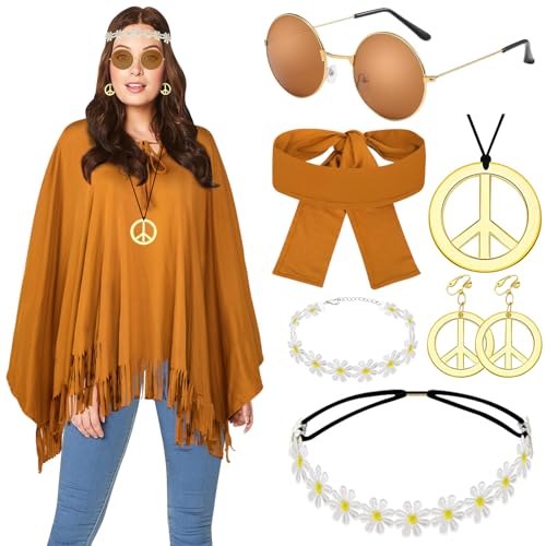 BITOWO Damen Hippie Kostüm Set Karneval Poncho 60er 70er Jahre Disco Outfit Fasching Hippie Kleidung Boho Indianerin Cowgirl Kostüm Damen Frau von BITOWO