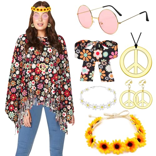 BITOWO Damen Hippie Kostüm Set - Karneval Poncho mit Accessoires - 60er/70er Jahre Disco Outfit - Fasching Hippie Kleidung - Einheitsgröße - Polyester von BITOWO