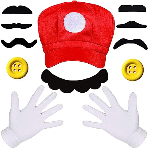 BITOWO Kostüm Kinder Erwachsene Zubehör mit Mario Hut Kappe Handschuhe und Schnurrbart Knöpfen von BITOWO