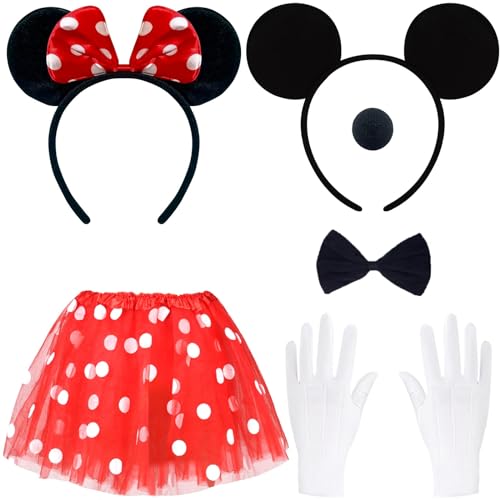 BITOWO Mouse Kostüm Damen Erwachsene mit Mini Mouse Ohren Haarreif Rock Rot Nase Handschuhe Schleife Mini Mouse Kostüm Damen Frauen Mini Maus Kostüm Damen Erwachsene Fasching von BITOWO