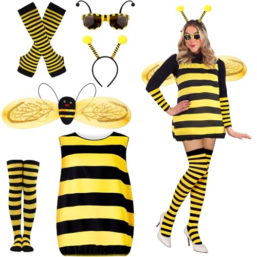 Bienenkostüm Erwachsene Damen mit Haarreif Flügel Handschuhe Beinsocken Brille Bienen Kostüm Damen Bienen kleidung Kleid Hummel Kostüm Biene Damen für Faschingskostüm Biene Damen Verkleidung (130) von BITOWO