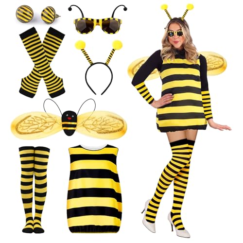 Bienenkostüm Erwachsene Damen mit Haarreif Flügel Handschuhe Beinsocken Ohrringe Brille Bienen Kostüm Damen Bienen kleidung Kleid Kostüm Biene Damen für Faschingskostüm Biene Damen Verkleidung 120 Bienenkostüm Erwachsene Damen mit Haarreif Flügel Handschuhe Beinsocken Ohrringe Brille Bienen Kostüm Damen Bienen kleidung Kleid Kostüm Biene Damen für Faschingskostüm Biene Damen Verkleidung 120 von BITOWO