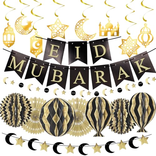 Eid Dekorationen für Zuhause Eid Mubarak Dekorationen Gold Set Ramadan Eid Mubarak Banner Wimpelkette Mond & Stern Ramzan Umrah Mubarak Dekoration Waben Eid Mubarak Band Hängende Dekor für islamische von BITOWO