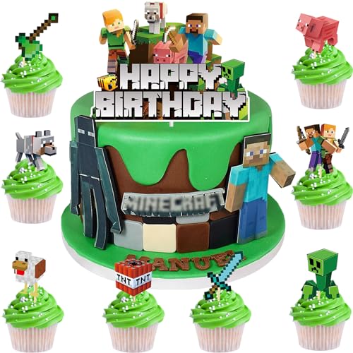 Minecraft Kuchendekorationen für Geburtstagskuchenaufsätze für Jungen, Mädchen, Kinder, Minecraft-Geburtstagsdekorationen, Spiel-Kuchenaufsätze, Cupcake-Topper für Jungen, Gaming-Kuchenaufsatz, von BITOWO
