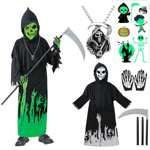 Sensenmann Kostüm Kinder Jungen Glow in The Dark 134 140 146 Gruselig Halloween Kostüm Kinder Sensenmann Umhang mit Sense Handschuhen Ghostface Scream Reaper Kostüm Kind Schwarze Robe mit Kapuze von BITOWO
