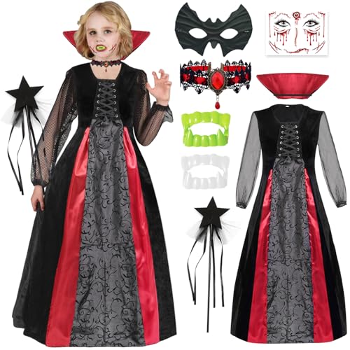 Vampir Kostüm Kinder Mädchen 146 152 Halloween kostüm Vampir Kinder Kleid Lang mit Vampirgebiss Mask Halskette Vampire Vampirkostüm Mädchen Kind Gothic Vampire Vampir Kleid Halloween Verkleidung von BITOWO