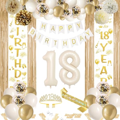 18 Geburtstag Deko Weiß Gold, 18. Party Mädchen Deko, Beige Gold Ballon Deko, Happy Birthday Girlande Tür Banner, Lametta Vorhänge, Geburtstags Schärpe für Frauen Mädchen 18 Geburtstag Deko von BITOYO