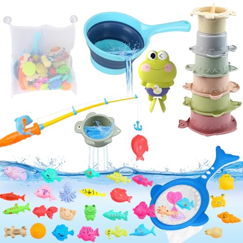 40 Stück Baby Badespielzeug, Badewannenspielzeug Magnetisches Angeln Spielzeug mit Kinderangel Fischernetz Uhrwerk Frosch und Stapelbecher, Angelspiel Wasserspielzeug Lernspielzeug für Kleinkinder 40 Stück Baby Badespielzeug, Badewannenspielzeug Magnetisches Angeln Spielzeug mit Kinderangel Fischernetz Uhrwerk Frosch und Stapelbecher, Angelspiel Wasserspielzeug Lernspielzeug für Kleinkinder von BITOYO